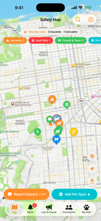 The live safety map with hazard, lost pet, and pet-friendly pins
