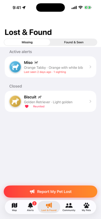 The Lost & Found tab with active alerts and a reunited pet