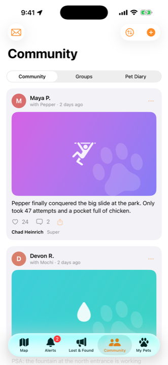The community feed with pet posts